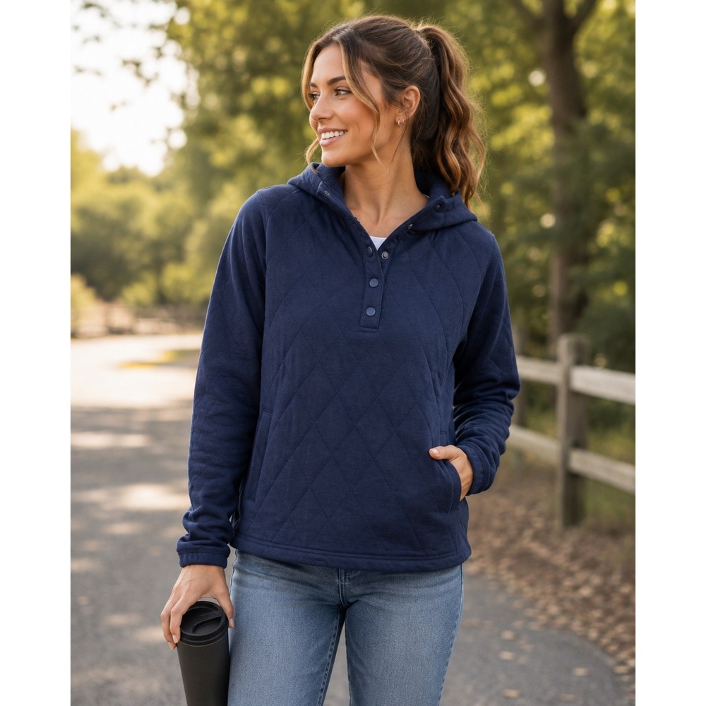Lands End Quilted Pullover Women Large Navy NEW Hooded Snap Neck Sweatshirt